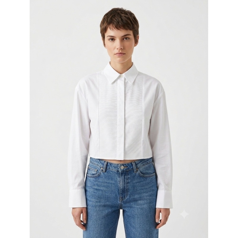 Madewell Top Womens XXS White Cotton Poplin Straight Hem Tuxedo Bib Shirt NY343